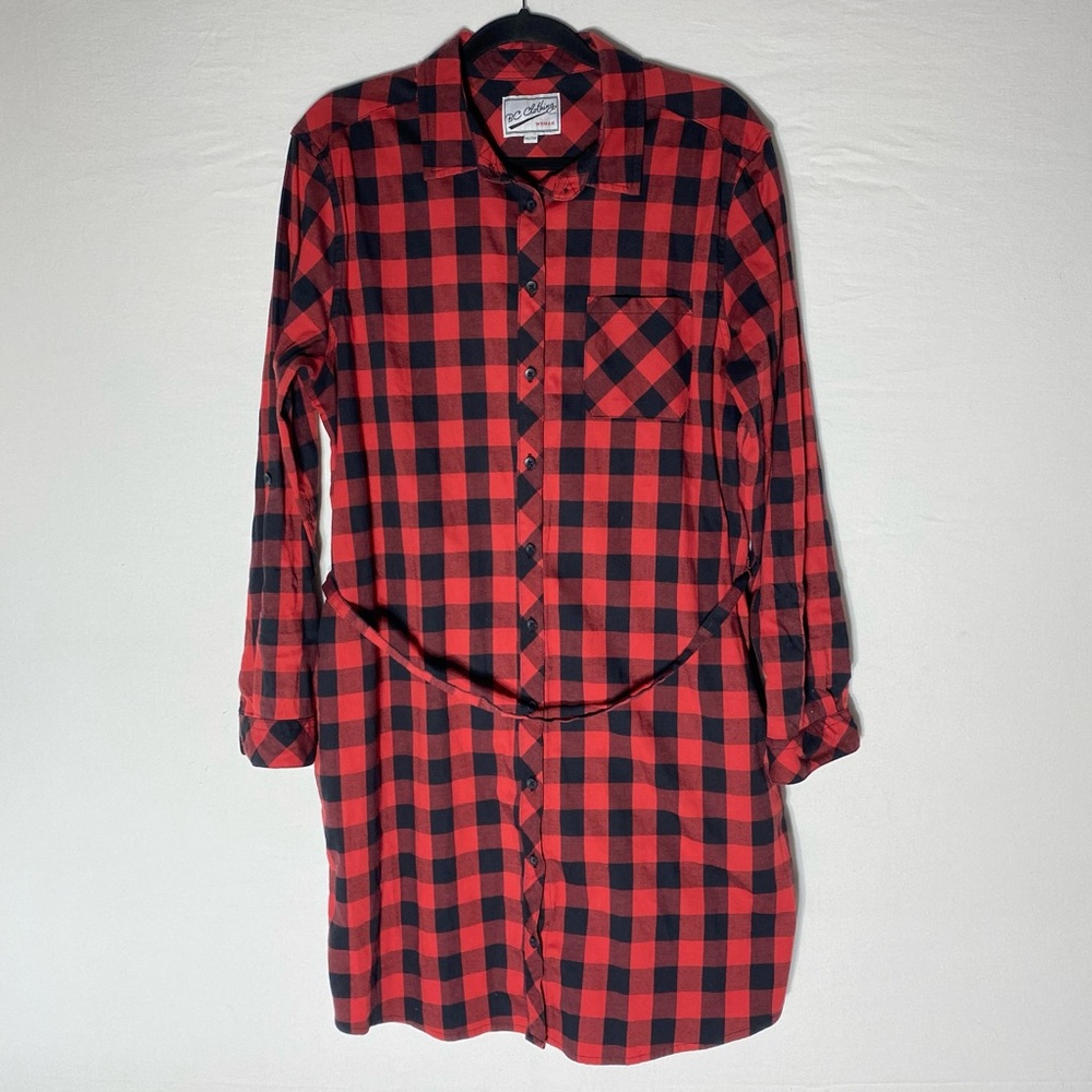 BC Clothing Red Black Check Plaid Button Up Long Sleeve Shirt Dress XL Cabincore